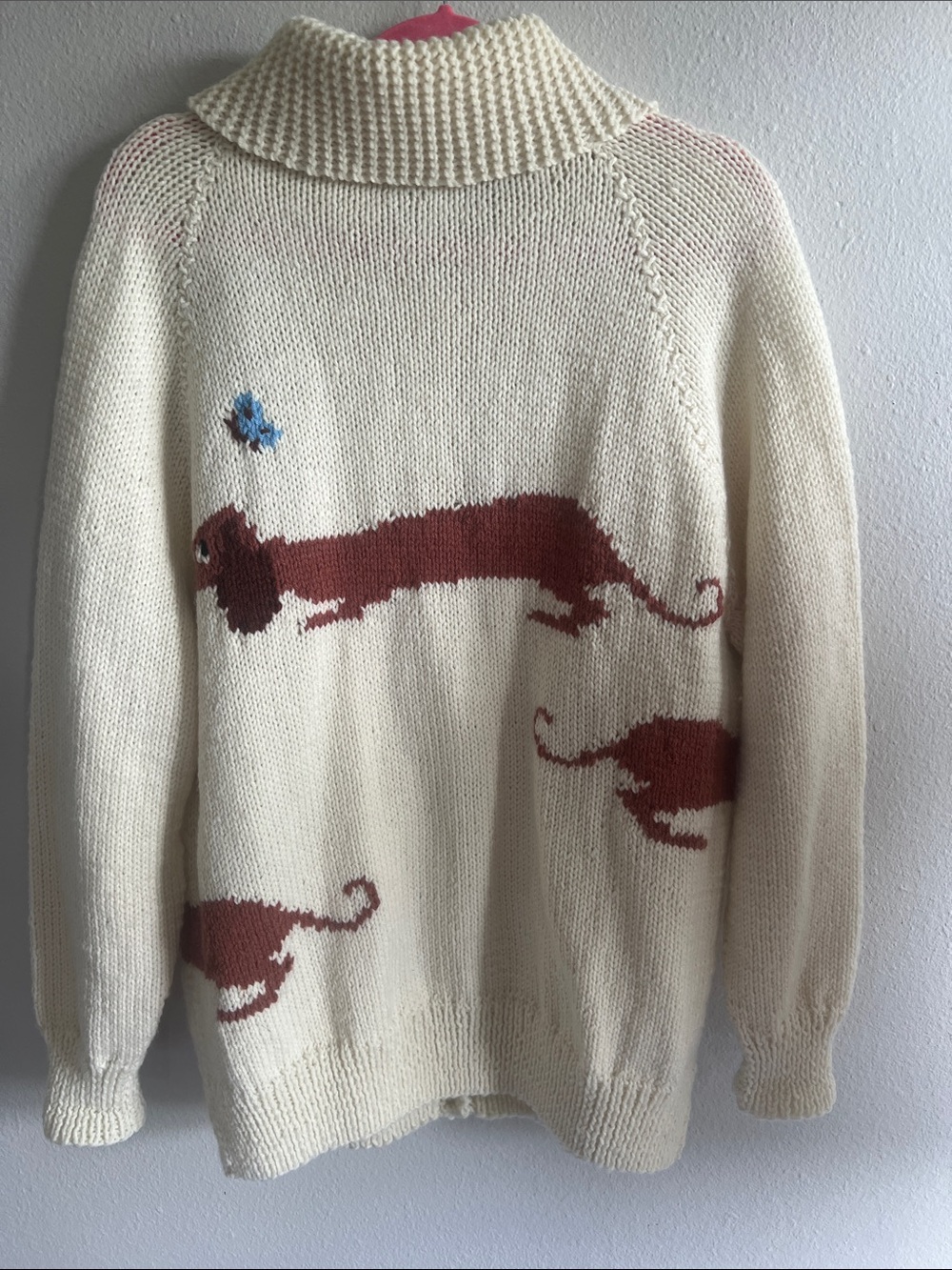 Cream Hand Knit Sweater with Rust Dachshund Motif NWOT